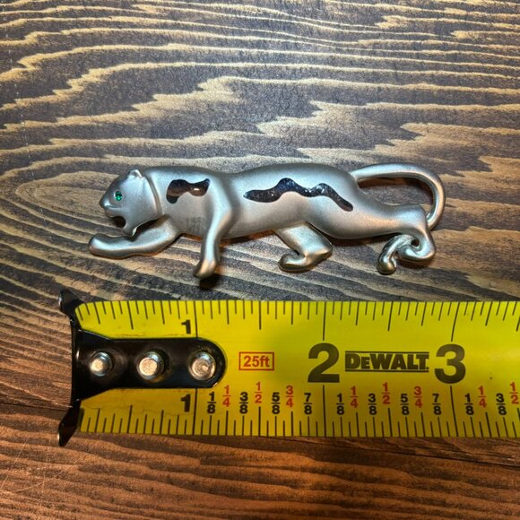 Vintage Pewter Panther Brooch with Green Rhinestone Eyes – 3” L x 1” H - 1980's - Picture 6 of 7